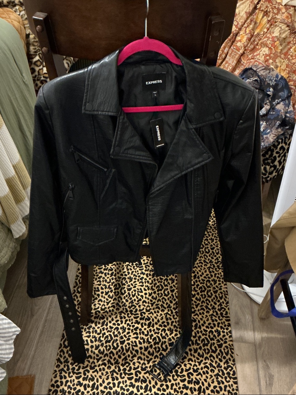 Express Black Faux Leather Moto Jacket with Belt